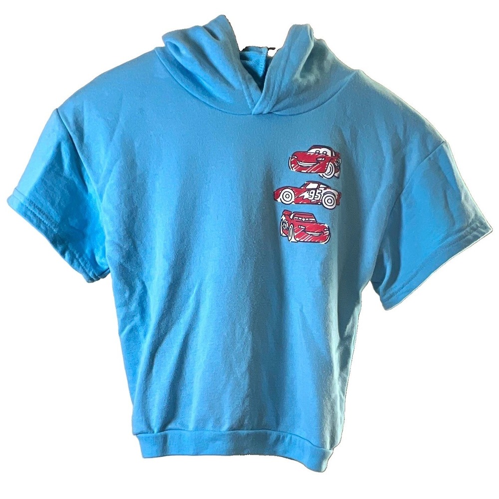Disney Pixar Cars Boys Lightning McQueen Blue Short Sleeve Pullover Hoodie Sz 7